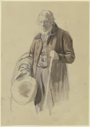 Bearded Man with His Hat Removed and a Coat over His Arm, Holding a Staff in His Left Hand