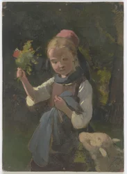 Peasant Girl with a Bouquet of Flowers, a Sheep from the Right
