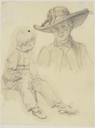 Study Sheet: Seated Boy in Lost Profile and Bust Portrait of a Young Woman with Hat
