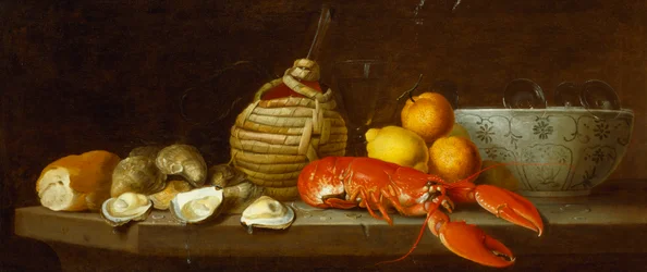Bread, oysters, a Chianti flask, a lobster, lemons, oranges and glasses in a porcelain bowl on a ledge