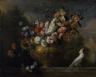 Still life with flowers in an urn, with a cockatoo, on a ledge, c. 1699