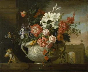 Still life with flowers in an urn, with a monkey, on a ledge, c.1699