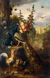 Two Peacocks on a Stone Plinth in a Garden