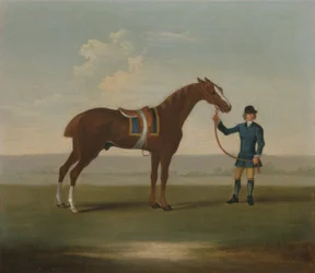 A Chestnut Horse (possibly Old Partner) held by a Groom