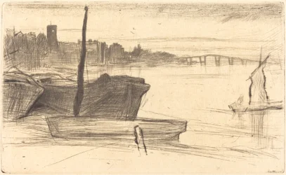 Chelsea Bridge and Church, c. 1870-1871