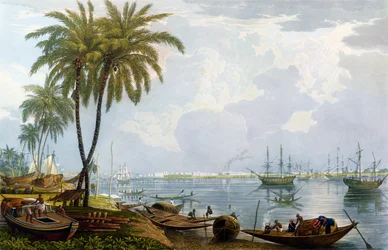 A View of Calcutta, from a point opposite to Kidderpore, 1837, engraved by Robert Havell the Younger