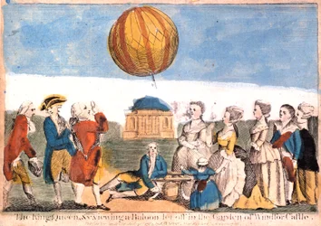The King, Queen etc. viewing a balloon let off in the garden of Windsor Castle