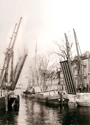 Canal bridge and boats, Dordrecht, Netherlands, 1898