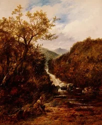 Angler by a Wooded Waterfall