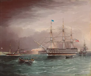 The U.S.S. Pennsylvania Under Tow at the Outbreak of the American Civil War with Fort Monroe in the Background