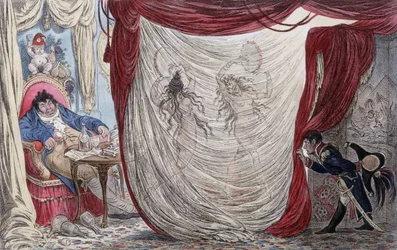 Cartoon about Napoleon, Paul Barras, Josephine and Mademoiselle de Fontenay, called ausii Teresa (Theresa or Terezia) Cabarrus, called Madame Tallien (Talien) or these ladies dance naked for Barras, under the stealth eye of Napoleon [Josephine being, at th