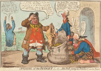 Opening of the Budget; - or - John Bull Giving His Breeches to Save His Bacon
