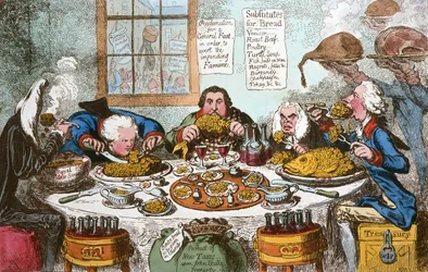 Substitutes for Bread, or Right Honourables Saving the Loaves & Dividing the Fishes, published by Hannah Humphrey in 1795