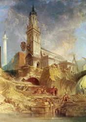 Demolishing Old London Bridge, with St. Magnus the Martyr Behind