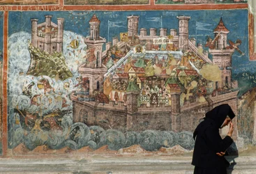 A fresco depicts the day Constantinople fell to the Ottomans. Bucovina, Romania