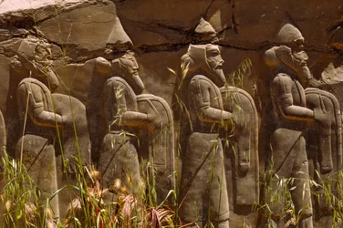Bas relief of ancient Persian warriors at the entrance to Persepolis. Persepolis, Iran
