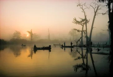 October sun burns away morning mist over Alligator Bayou in the Louisiana delta