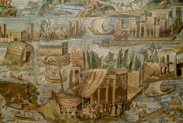 Roman mosaic depicting a fanciful view of the Nile River in flood. Museo Archeologico