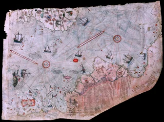 The map of Piri Reis Haritasi completed in 1513. TOPKAPI PALACE MUSEUM, ISTANBUL, TURKEY.