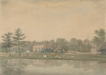North East View of a House at Ringmer with Cattle and Sheep by a Pond