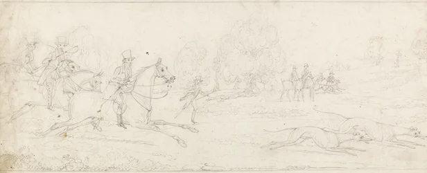 Coursing, a group of riders galloping from left after a couple of greyhounds