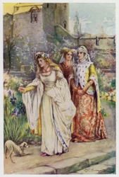 For there in the garden walked the fairest lady he had ever seen, scene from The Kingis Quair
