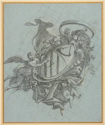 A coat of arms with a horn and three chains held up by an angel and two putti
