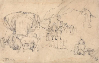 Sheet of Sketches: Wagon, Horse, Milkmaid and Other Figure Studies