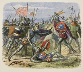 Henry V attacked by the Duke of Alencon on the battlefield