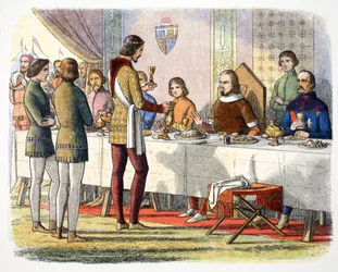 Prince Edward serves John of Artois at table after having defeated him at Poitiers, 1356, 1864