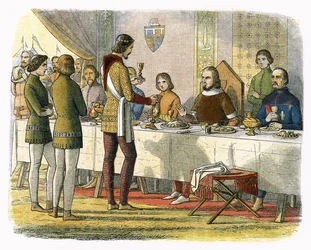 Prince Edward serves King John of Artois at table after having defeated him at Poitiers