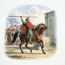 The High Priest, Coifi, profanes the Temple of the Idols, 627 AD, from A Chronicle of England BC 55 to AD 1485, pub. London, 1863