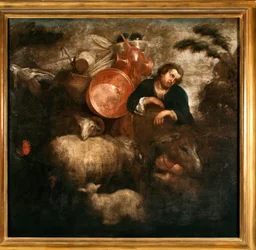 Shepherd with Goats and Donkey. Painting by Jan Roos