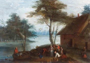 A river landscape with figures by a building getting into boats