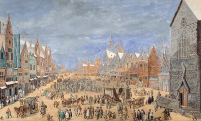 A village street with an inn in spring