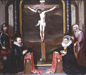 A Crucifixion with Portraits of the Donors Adriaen Meusyenbroeck and his Wife, Anna Elant, Attended by St. Adrian and St. Elizabeth