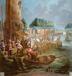Canal scene with wine merchant unloading barrels