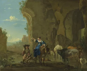 Italianate Landscape with Travellers by a Stream with Cattle
