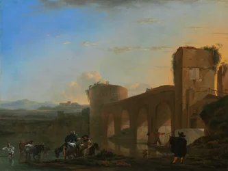 The Tiber River with the Ponte Molle at Sunset, c.1650