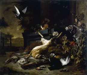 Still Life of Game including a Hare, Black Grouse and Partridge, a Spaniel looking on with a Pigeon in Flight, c. 1680