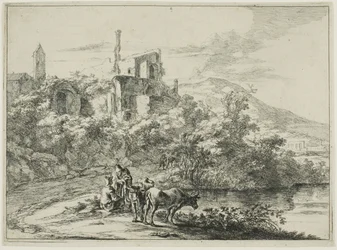 Landscape with Ruins and Two Cows at the Waterside, from a series of four horizontal Roman Landscapes
