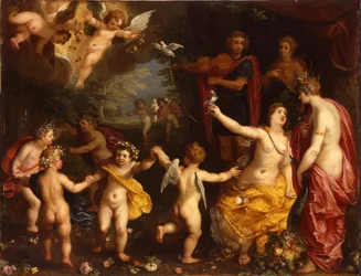 Allegory of love: Venus holding a pair of tethered doves, with Ceres, Apollo and Diana, surrounded by dancing putti, in a landscape