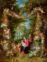 The Virgin and Child with the Infant Saint John the Baptist, Saint Anne and Angels, Surrounded by a Garland of Flowers and Fruit