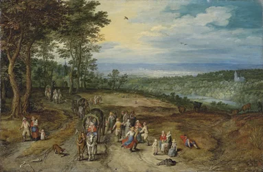 An Extensive Wooded Landscape with Travellers on a Track and Peasants Dancing in the Foreground