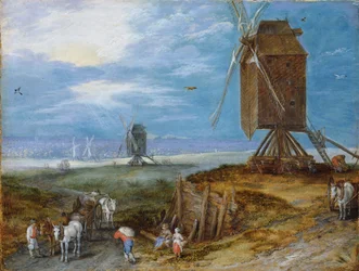 Extensive Landscape with Mills, Peasants and Carriages in the Foreground