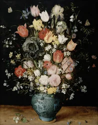 Flowers in blue vase, ca. 1608