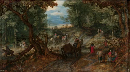 Forest with Carts Crossing a Stream and Riders