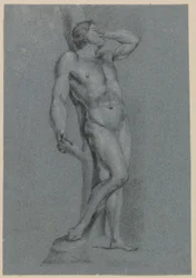 Male Nude, Standing Leaning Against a Tree