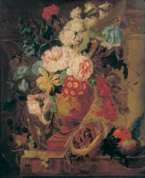 Flowers in a terracotta vase decorated with putti, with fruits, butterflies, a bluebottle, a snail, a spider and four chicks in a nest on a ledge
