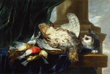 A Dead Partridge and Other Birds on a Stone Ledge with a Cat